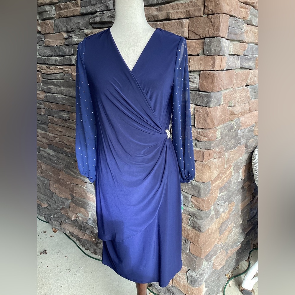 R & M RICHARDS Navy Mock Wrap Around Surplice Stretchy Dressy Dress